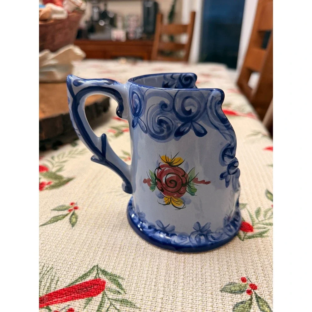 Vestal Portugal Hand Painted Ceramic Candle Holder Blue White Floral 